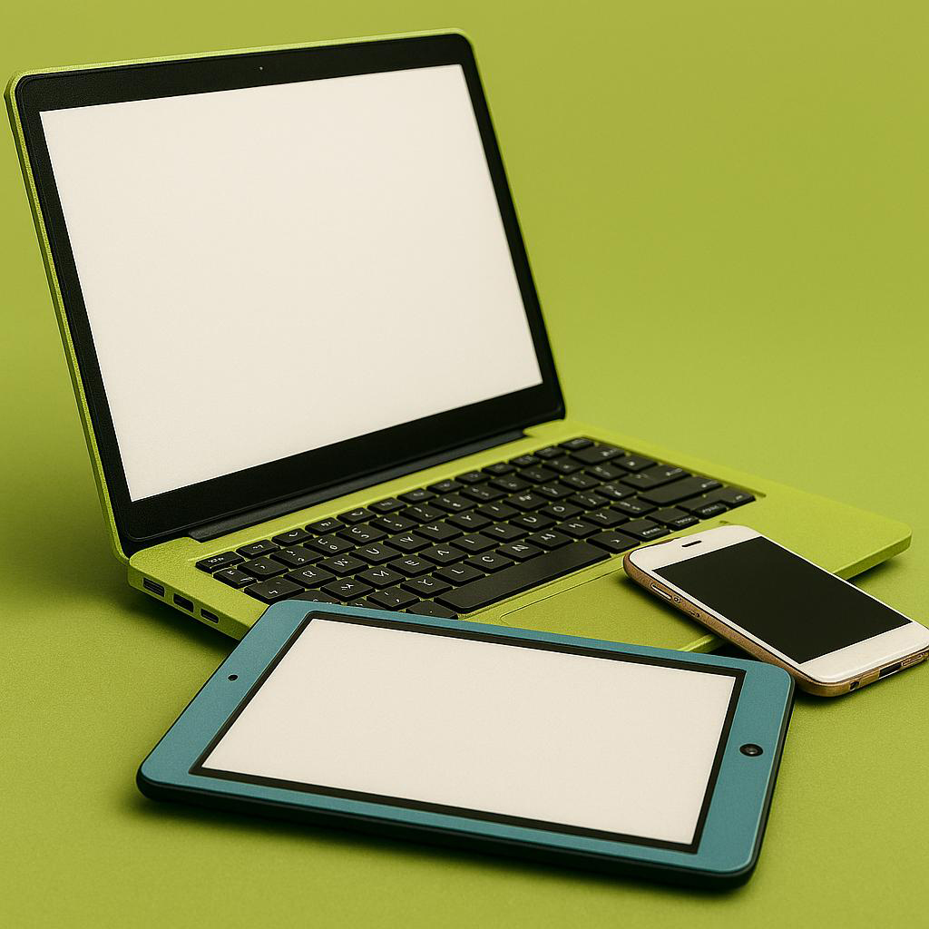 Foto på en laptop en surfplatta och en mobiltelefon