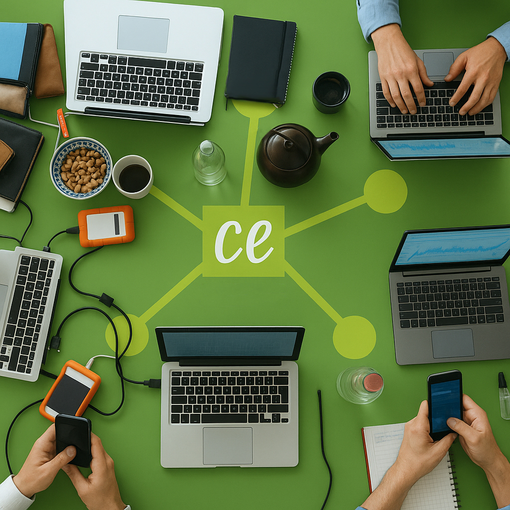 Foto grön bakgrund med bärbara datorer och personer som jobbar tillsammans